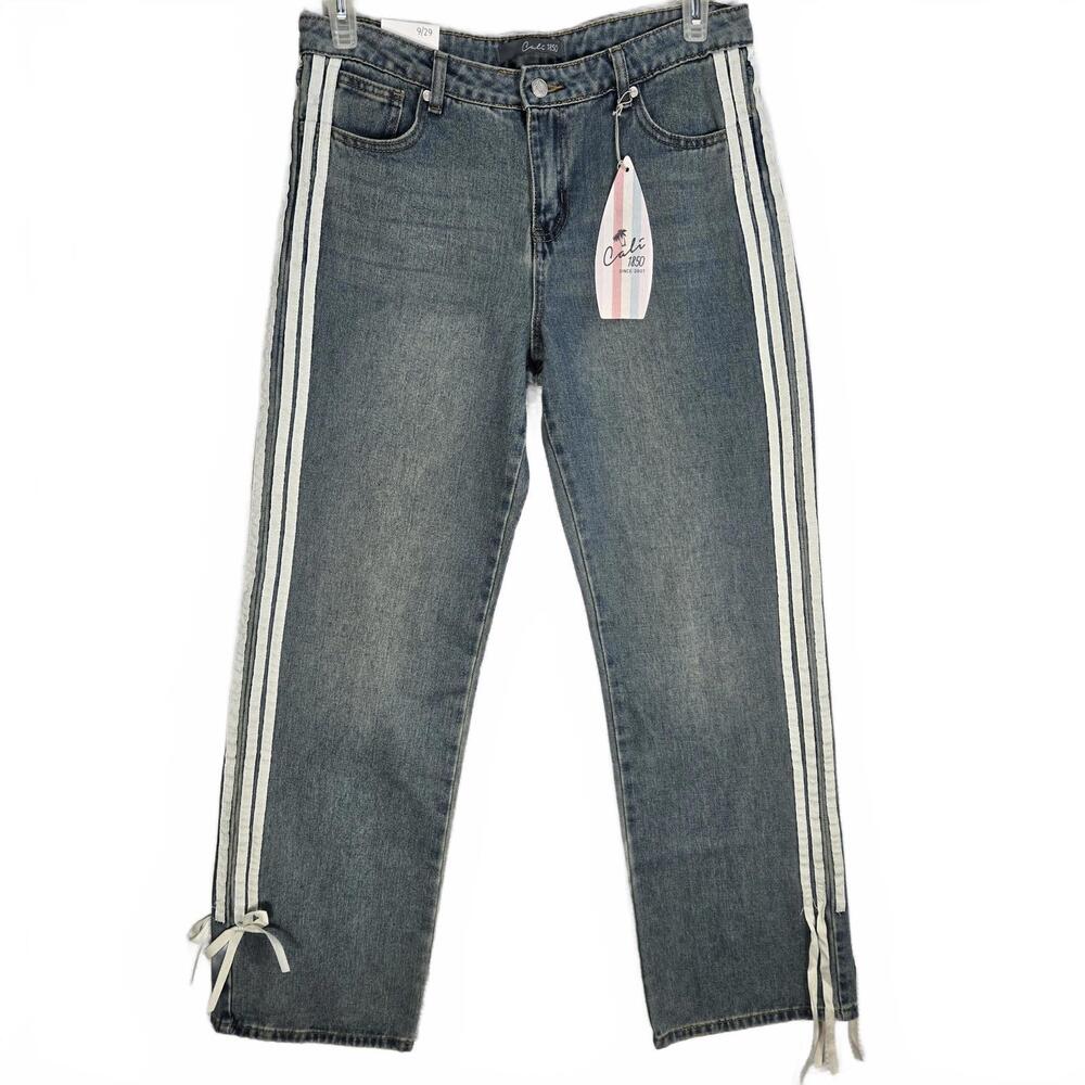Cali 1850 Side Stripe Wide Leg Jeans Blue Denim Bow Hem NWT Size 9/29